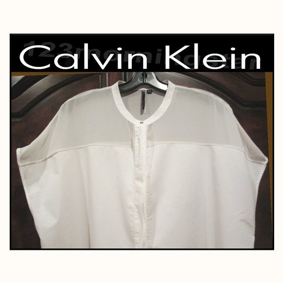 Calvin Klein Jeans NEW Soft Girl Semi-Sheer Panels Mandarin Collar Blouse L - Picture 2 of 11